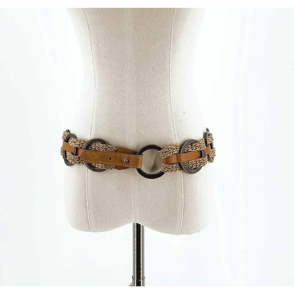 Vintage Womens Streets Ahead Belt XS Leather/Woven/Brass Rings Boho Festival
